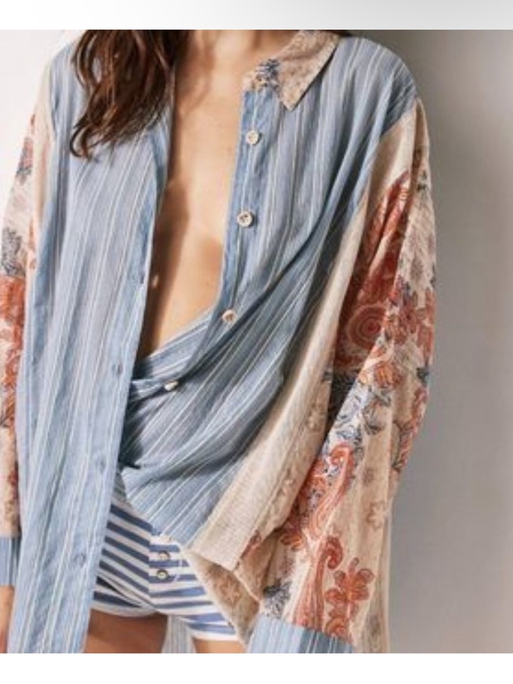 Free People Lucky In Love Mixed Media Oversized Boho Shirt Size Large - Picture 14 of 14
